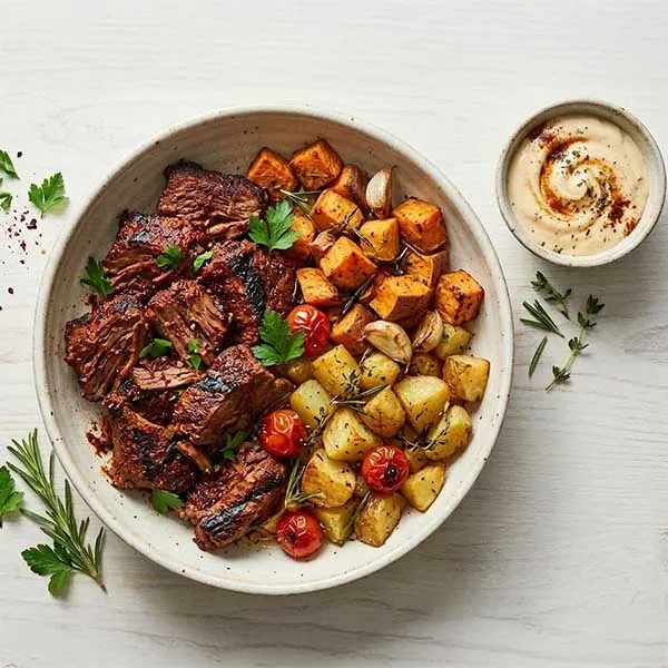 Bbq spiced beef with dual potato mix